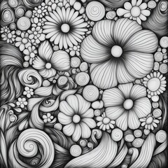 Floral Whirlwind: A mesmerizing grayscale pattern of intricate, stylized flowers and swirls, creating a whimsical and visually captivating design.  