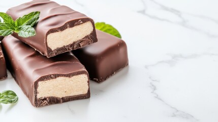 Obraz premium Chocolate Mint Delight: Indulge in the rich, creamy texture of these delectable chocolate bars, adorned with fresh mint leaves. A tempting treat for chocolate lovers. 