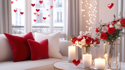 Romantic Valentine's Day Living Room Decor: A cozy and inviting living room setting adorned with romantic touches for Valentine's Day, featuring red heart decorations, candles, and roses.