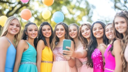 Prom Night Selfie:  A group of vibrant young women in elegant dresses pose for a selfie with a smartphone at a prom celebration.