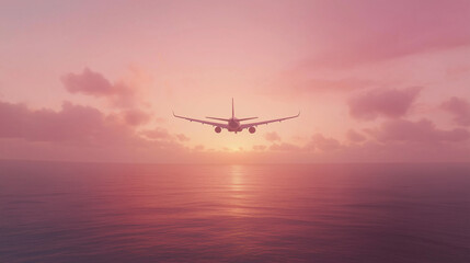 Airplane Silhouette Flying Over Ocean at Sunset with Pink Sky