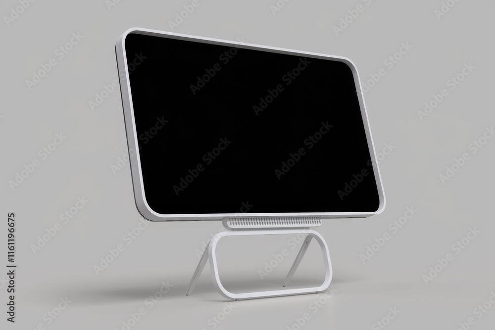 Poster A white computer monitor with a black screen and a unique stand.