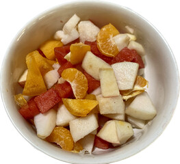Ingredient of mixed cutting fruit for cook fruit salad disk on isolated white background, fresh healthy breakfast