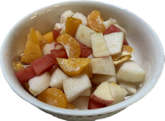 Ingredient of mixed cutting fruit for cook fruit salad disk on isolated white background, fresh healthy breakfast