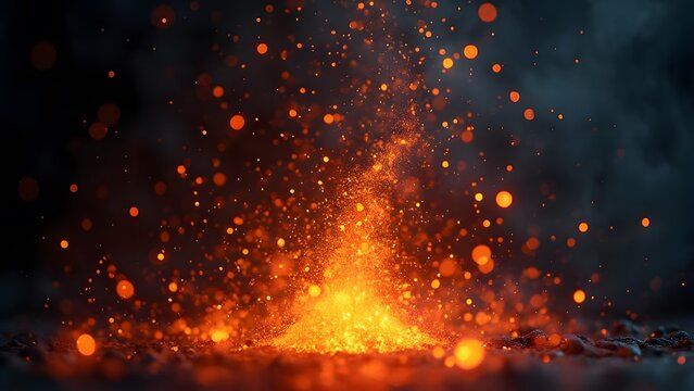 Abstract Fiery Embers, Vibrant Orange-Red Sparks Dancing on Inky Black Background - AI Generated