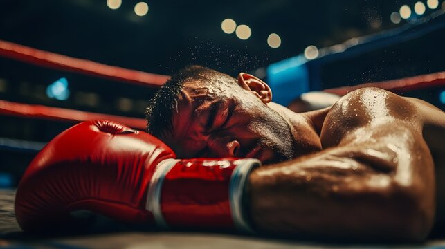 Defeated Boxer Lying on the Boxing Ring Floor