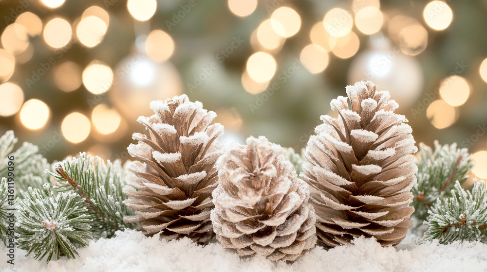 Poster Frosted pinecones with snowy branches and a festive bokeh light background