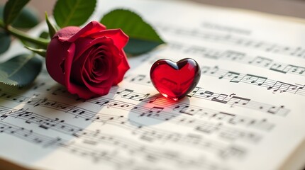 Valentine's Day Background with Romantic Red Rose, Heart Symbol, and Musical Notes for Love Expression

