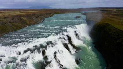 Aerial view of the amazing Gullfoss waterfall and Hvitá River Canyon in the southwest of Iceland.