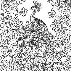 Fototapeta premium Peacock in Bloom: A intricate line art illustration of a peacock with its tail feathers spread wide, surrounded by delicate floral patterns. A perfect image for coloring books, mindful art projects.