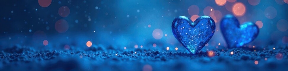 Fototapeta premium Romantic background of blue hearts with defused lights, glowing, shiny