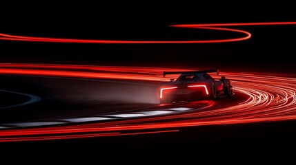 Red light trails behind a sports car on a race track at night.