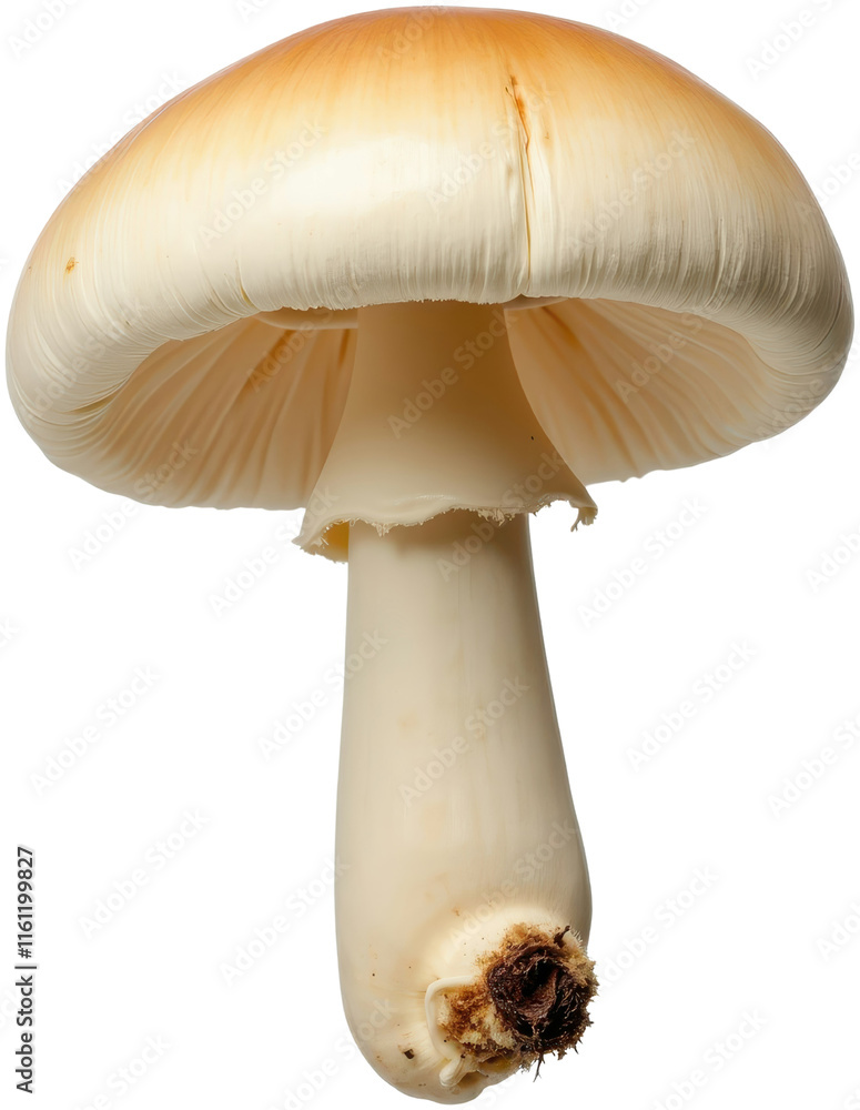 Poster close-up of a single mushroom with a smooth cap and white stem on a transparent background.