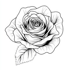 Elegant Rose Illustration: A delicate and intricate line drawing of a single rose, showcasing its beauty and elegance. The black and white design evokes classic romance and timeless charm.