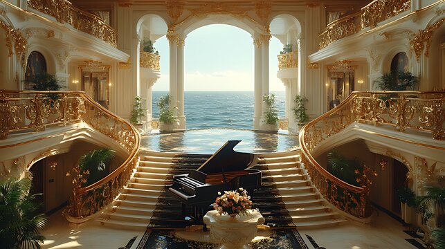 Grandiose ocean view mansion interior with dual staircases, piano, and opulent decor.