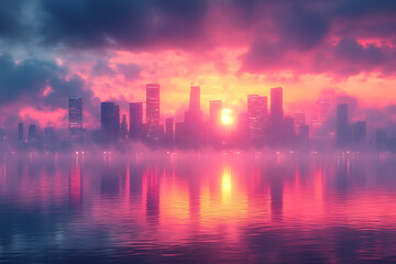 A breathtaking futuristic neon cityscape with glowing skyscrapers, vibrant hues of pink, blue, and purple lights, and a misty atmosphere, evoking a cyberpunk aesthetic.

