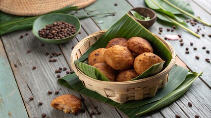 Rustic display of freshly made akara in a woven basket lined with banana leaves on a wooden surface