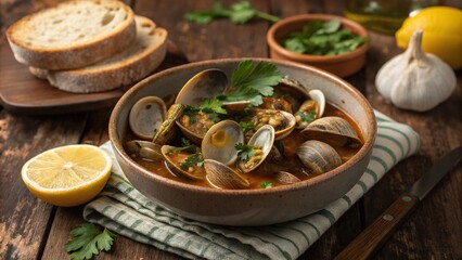 Rustic clam dish served in a bowl with fresh ingredients, rustic bread, and lemon on a wooden table