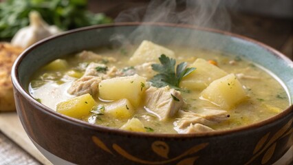 Close up view of steaming ajiaco soup with chicken, potatoes, and fresh herbs in a rustic bowl