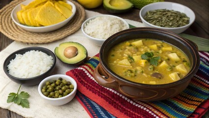 Traditional Colombian ajiaco served with avocado, rice, and green beans on a vibrant table spread