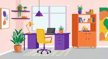 Modern Home Office Workspace Design Desk Chair Bookshelf Plants