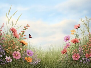 Fototapeta premium Serene Summer Meadow with Colorful Flowers and Butterfly