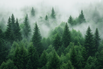 Misty mountain forest, evergreen trees shrouded in fog.