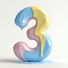 Colorful Number Three in Pastel Blue Pink and Yellow Dripping Design