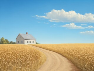 Rural Farmhouse in Golden Wheat Field
