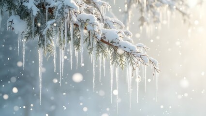 Serene Winter Wonderland, Snowflakes Falling on Icy Branches, Delicate Ice Crystals & Winter Chandelier