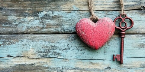 Red heart and antique key hanging on rustic wood