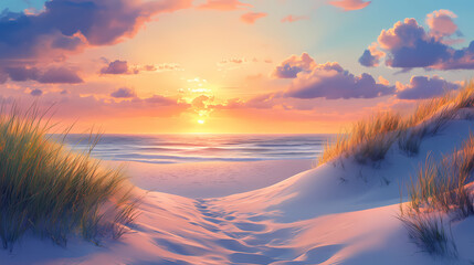 Scenic view of sandy dune system on beach with glowing sunrise, beach. Dune. Illustration