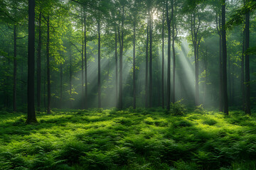 
A mystical forest at dawn with ethereal light beams filtering through the trees, a misty atmosphere, and vibrant green foliage. 
