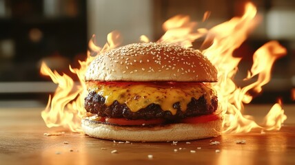 A sizzling cheeseburger with molten cheese and flames, showcasing a deliciously crispy sesame bun, perfect for food lovers and grill enthusiasts.