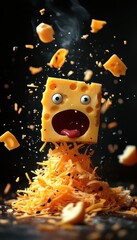 A whimsical cheese character surrounded by flying cheese shreds, conveying surprise with wide eyes and an open mouth, set against a dark background.