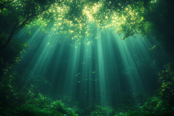
A mystical forest at dawn with ethereal light beams filtering through the trees, a misty atmosphere, and vibrant green foliage. 