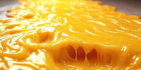 A close-up view of rich, melted cheese, showcasing its creamy texture and vibrant yellow color, perfect for enhancing dishes.