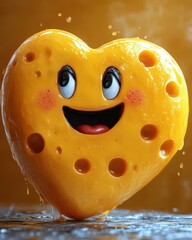 A cheerful, heart-shaped cheese with a smiling face and holes, exuding a playful, fun vibe.