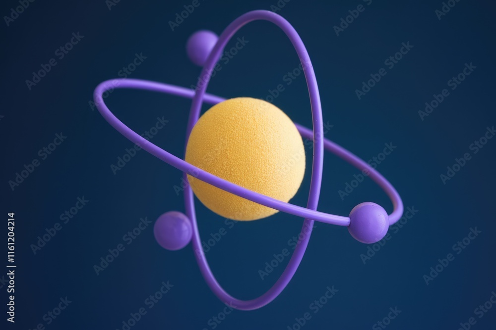 Poster A 3D model of an atom with a yellow nucleus and purple electron shells.