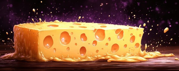 A vibrant and melty piece of cheese with holes, set against a dreamy purple background, creating a playful and appetizing visual.