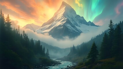 Majestic Mountain Peak Rising Above Misty Clouds, Golden Sunrise, Evergreen Forest, and Crystal River