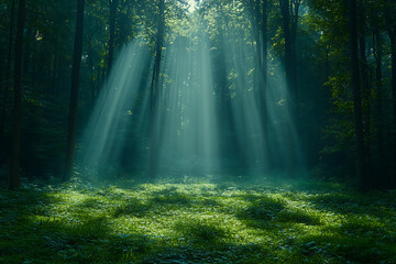 Fototapeta premium A mystical forest at dawn with ethereal light beams filtering through the trees, a misty atmosphere, and vibrant green foliage. 