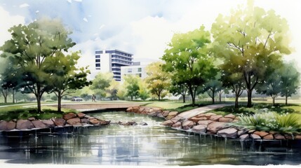 Obraz premium Serene Lakeside Park Watercolor Painting: Tranquil Urban Oasis