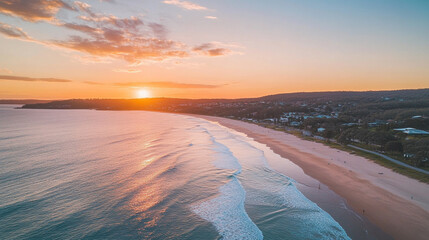 Sunset over peaceful beach with gentle waves and distant shoreline in warm hues