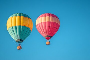 Naklejka premium Two colorful hot air balloons float in a clear blue sky
