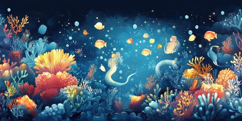 Obraz premium Mermaids Swim Among Vibrant Coral Reefs And Fish