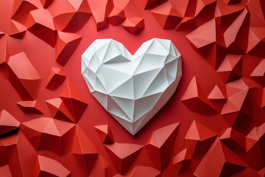 Creative Origami Heart on a Vibrant Red Background Surrounded by Abstract Geometric Shapes Perfect for Valentine's Day Projects and Romantic Designs