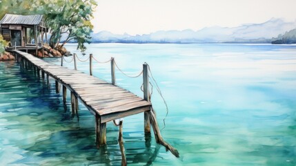 Fototapeta premium Tranquil Lakeside Cabin: A Watercolor Serenity