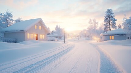Obraz premium Snowy Winter Village at Sunrise.