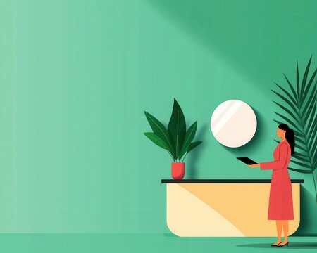 A minimalist ecohotel with staff guiding guests on sustainable practices, green service, modern care